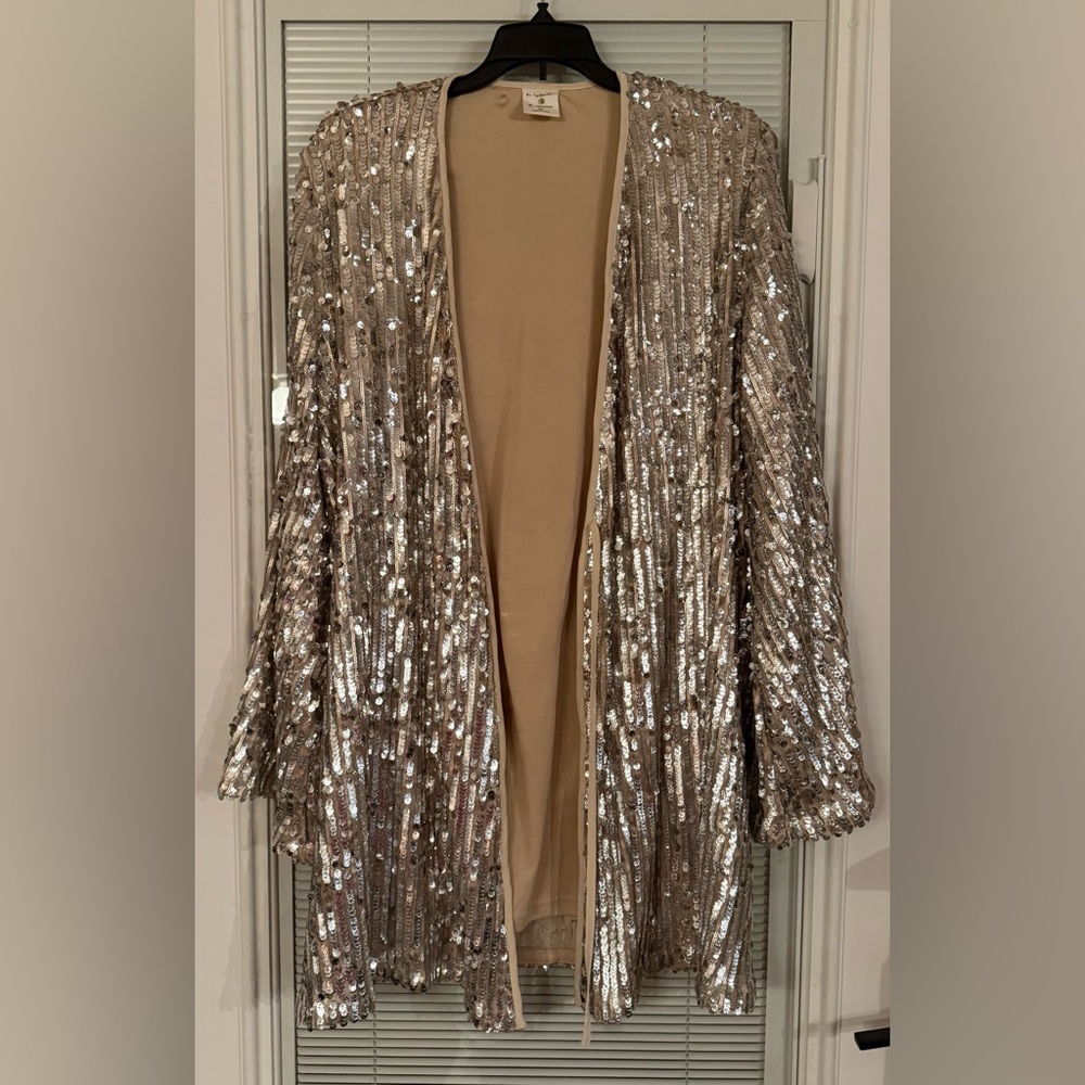 By Together Silver Sequined Long Flare Sleeve Long Line Cardigan Dress Medium